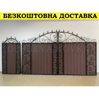 Ворота с коричневым матовым профнастилом и ковкой в ​​НАЛИЧИИ