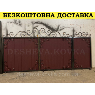Ворота с вишневым глянцевым профнастилом и ковкой в ​​НАЛИЧИИ