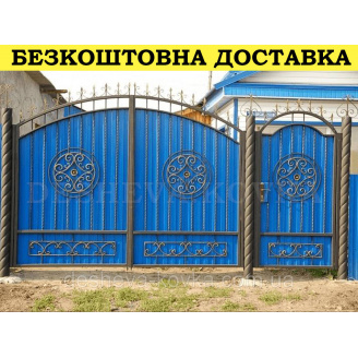 Ворота кованые из профнастилом и калиткой Код: А-01244