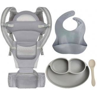 Хипсит эрго-рюкзак кенгуру переноска тарелка слюнявчик и ложка Baby Carrier 20 кг 6 в 1 Серый (vol-9914)