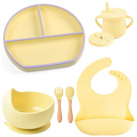 Набор детской силиконовой посуды 2Life Y11 из 7 предметов с деревянными приборами Желтый (v-11363)
