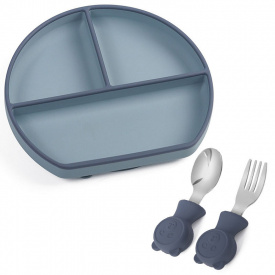 Силиконовая трехсекционная тарелка 2Life Y21 и металлические приборы Y10 Темно-голубой с синим (v-11547)