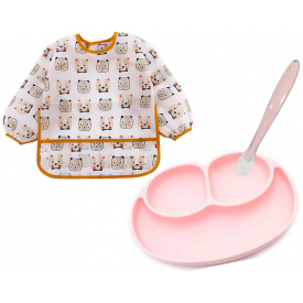 Комплект 2Life слинявчик-нагрудник Ведмедики та Набір посуду Рожевий