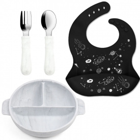 Набор детской посуды 2Life Волна тарілка та прибори Y1 та слинявчик Космос Чорний (v-12065)