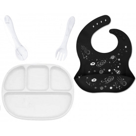 Набір силіконовий посуд 2Life D14 прилади Y1 і слинявчик Білий/Чорний (v-11769)