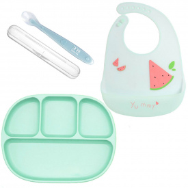 Набір посуду 2Life тарілка D10 ложка в кейсі та слинявчик Зелений (v-11914)
