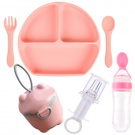 Набор силиконовая тарелка ложка вилка контейнеры-снеки шприц-дозатор бутылка-ложка 2Life Y12 6 шт Персиковый (vo-9905)
