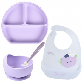 Набір дитячого посуду з приборами 2Life Y2 та слинявчик Фіолетовий (v-12057)