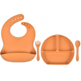 Набор силиконовая тарелка трёх-секционная слюнявчик ложка вилка 2Life Y25 4 шт Оранжевый (vol-9909)