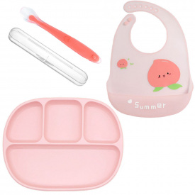 Набір посуду 2Life тарілка D9 ложка в кейсі та слинявчик Рожевий (v-11913)