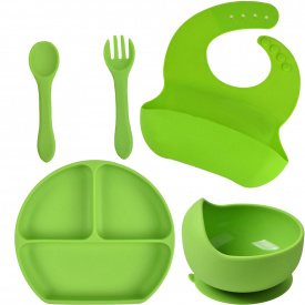 Набор силиконовая тарелка слюнявчик круглая тарелка для первых блюд ложка вилка 2Life Y7 5 шт Зеленый (vol-9748)