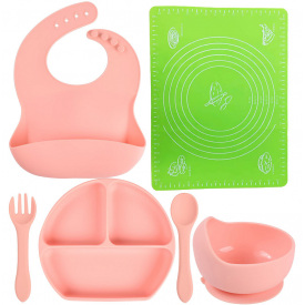 Набор силиконовая тарелка слюнявчик тарелка для первых блюд ложка вилка коврик 2Life Y12 6 шт Персиковый (vol-9846)