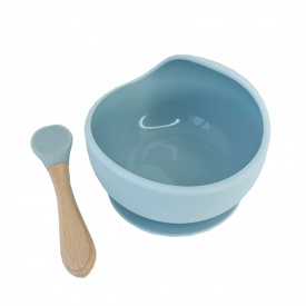 Силіконова тарілка на присосці з дерев'яною ложкою Mega Zayka MGZ-0103 (Grey) 300 мл