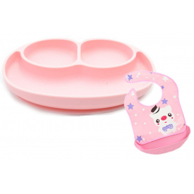 Набір силіконова тарілка килимок для годування дитини 22х15 см та слинявчик ПВХ зі свинкою (vol-1074)