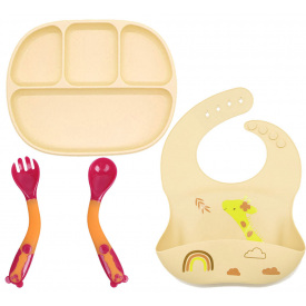 Набор силиконовой посуды 2Life тарелка D15 слюнявчик Жираф ложка вилка Красный в контейнере (vol-10347)