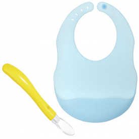 Силиконовый слюнявчик 2Life Голубой и силиконовая ложка Желтая (vol-10508)