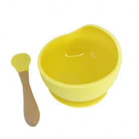 Силіконова тарілка на присосці з дерев'яною ложкою Mega Zayka MGZ-0103 (Yellow) 300 мл