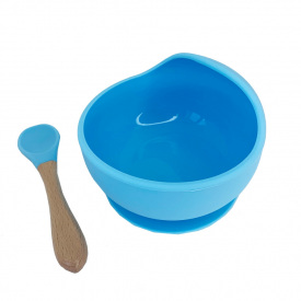 Силіконова тарілка на присосці з дерев'яною ложкою Mega Zayka MGZ-0103 (Blue) 300 мл