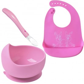 Набір посуду 2Life тарілка Y8 ложка та слинявчик Зайчик Рожевий (vol-10544)