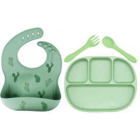 Четырех-секционная силиконовая тарелка приборы в кейсе слюнявчик силиконовый 2Life 4 предмета Зеленый (vol-10271)
