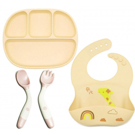 Набор силиконовой посуды 2Life тарелка D15 слюнявчик Жираф ложка вилка Розовый в контейнере (vol-10348)