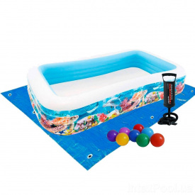 Детский надувной бассейн Intex Тропический риф 305х183х56 см шарики 10 шт, подстилка, насос (58485-2)