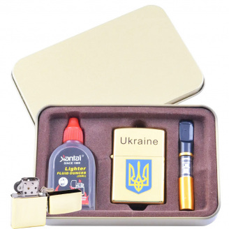 Зажигалка + бензин, мундштук в коробке Kantai XT-4930-1 Gold Герб Украины (10847-hbr)