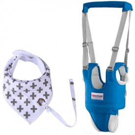 Набор 2Life детские вожжи-ходунки Синие и слюнявчик-нагрудник с держателем для соски Белый с серым (v-11705)