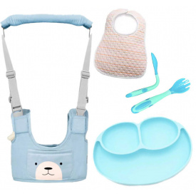 Набор детские вожжи-ходунки VOLRO слюнявчик тарелка и ложка-вилка Голубой (vol-1952)