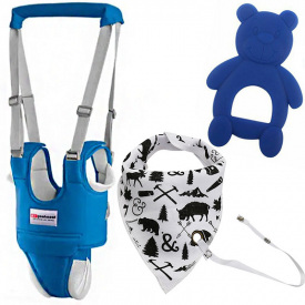 Набор 2Life вожжи-ходунки слюнявчик-нагрудник с держателем Белый и прорезыватель Мишка Y10 Синий (v-11714)