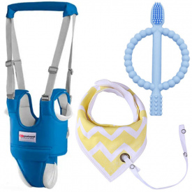 Набор 2Life вожжи-ходунки слюнявчик-нагрудник с держателем Желтый и прорезыватель Щетка-кольцо Y5 Голубой (v-11713)