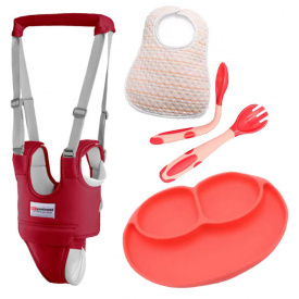 Набор детские вожжи-ходунки VOLRO слюнявчик тарелка и ложка-вилка Красный (vol-1948)