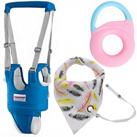 Набор 2Life вожжи-ходунки Синий слюнявчик-нагрудник с держателем Белый и прорезыватель Замочек Y4 Розовый (v-11710)