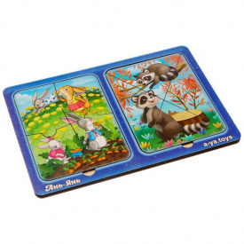 Дерев'яний пазл-вкладиш "Зайчики та єнотики" Ubumblebees ПСД182 PSD182 в рамці