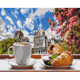 Картина за номерами Brushme XL Кава з круассаном на фоні собору 48х60 см Різнокольорова BS34639L