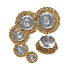 Щітки з латунованого рифленого дроту зі стрижнем 6 шт (торц 75 мм, диск 40/50/63/75/100 мм) MASTERTOOL GM