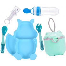 Набор 2Life Y9 силиконовая тарелка-белка, ложка, контейнеры-снеки, шприц-дозатор, бутылка-ложка Голубой (vol-10037)