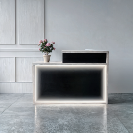 Стойка администратора прямая Tobi Sho Ресепшн/4 левосторонняя для офиса, салона с подсветкой, 1400х600х1050 Дуб крафт белый/Черный