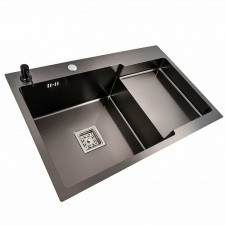 Кухонна мийка Platinex Handmade CM 78*50C L, PVD (з поглибленою полицею та диспенсором), Чорна