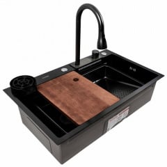 Кухонна мийка Platinex Handmade PVD 75*46А Водоспад (зі змішувачем, дошкою, сушінням сифоном, ополіскувачем, кріпленням у комплекті), Чорний Шепетовка