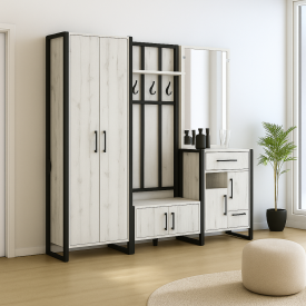 Прихожая в коридор Tobi Sho Бронкс ПЛ/2 в стиле Лофт с зеркалом, 2580x350x1900 мм Дуб крафт белый