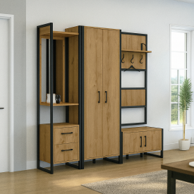 Прихожая в коридор Tobi Sho Остин ПЛ/1 в стиле Лофт с зеркалом, 2180x350x1900 мм Дуб аппалачи