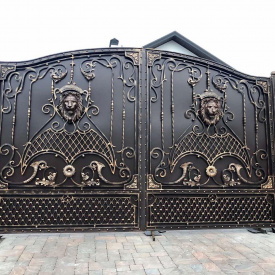 Кованые ворота ручной работы, прочные, симметричные со львами 3.6х1.8 м. Legran