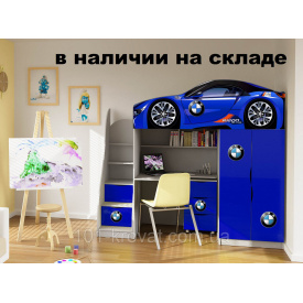 Ліжко-горище машинка BMW із вбудованим столом, комодом та шафою синя 1700x800 мм