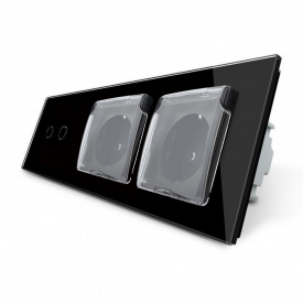 Сенсорный выключатель 2 канала Двойная розетка с крышкой IP44 Livolo черный стекло (VL-C702/C7C2EUWF-12)