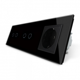 Сенсорний вимикач Livolo 4 каналу (2-2) з розеткою чорний скло (VL-C702/C702/C7C1EU-12)