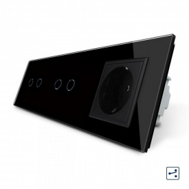 Сенсорний прохідний вимикач Livolo 4 каналу (2-2) з розеткою чорний скло (VL-C702S/C702S/C7C1EU-12)