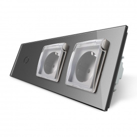 Сенсорный выключатель Двойная розетка с крышкой IP44 Livolo серый стекло (VL-C701/C7C2EUWF-15)