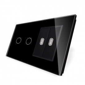 Сенсорный выключатель 2 канала Livolo с двумя USB розетками черный стекло (VL-C702/2USB-12)