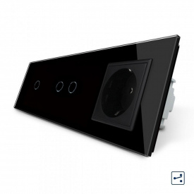 Сенсорний прохідний вимикач Livolo 3 каналу (1-2) з розеткою чорний скло (VL-C701S/C702S/C7C1EU-12)